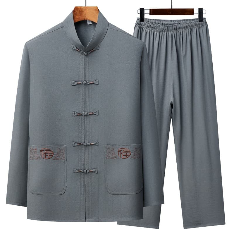 Men's Tang Suit Long-Sleeve Set Chinese-Style Embroidery Ethnic Clothing for Seniors 60-70 Years Old Mao Suit Spring/Autumn Lightweight