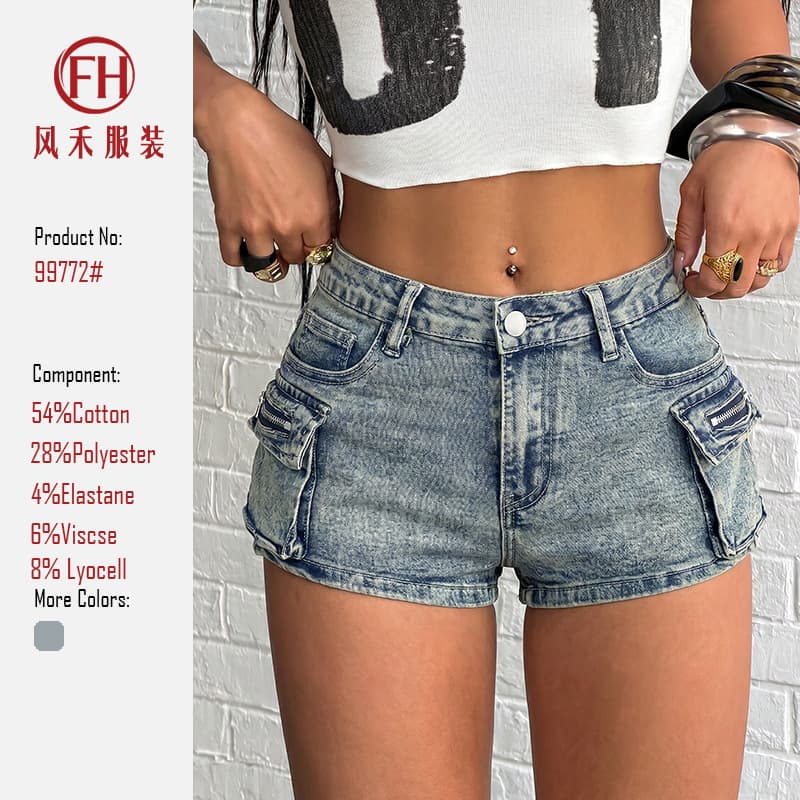 Factory direct sales new women's denim shorts Amazon cross-border hot selling multi-bag workwear style versatile hip-lifting hot pants