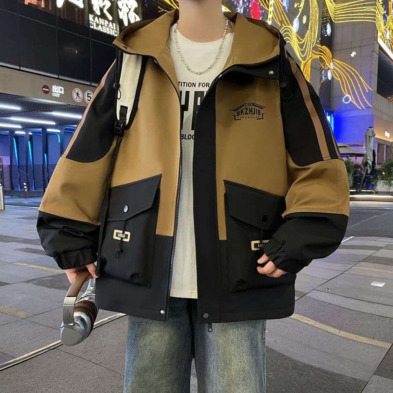 2025 Autumn New Men's Outerwear Trendy Color Block Hooded Jacket Workwear Loose Fit Handsome Men's Spring and Autumn Style