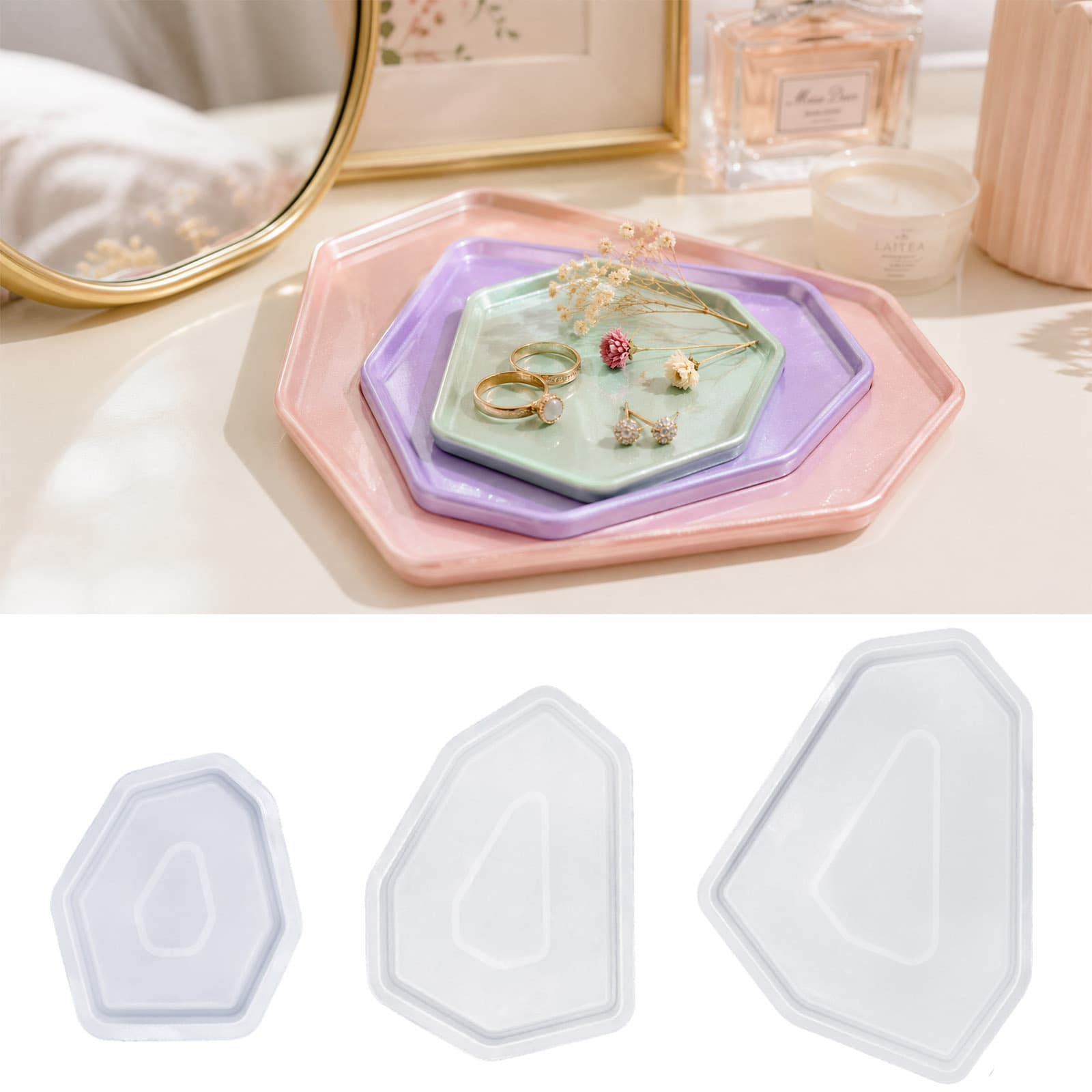 Ins Crystal Epoxy Mirror Silicone Mold DIY Epoxy Resin Tray Set Luxury Jewelry Dish Plaster Mold