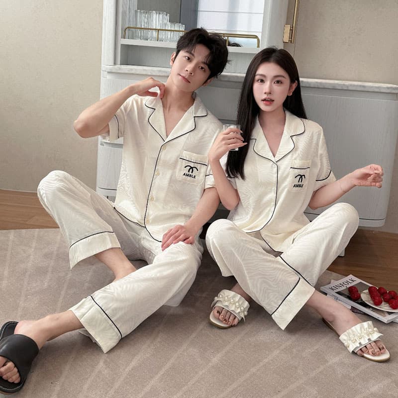 Ice Silk Couple Pajamas Women's Spring Thin Short Sleeve Long Pants Set Korean Loose Fit Ice Silk Wearable Men's Homewear