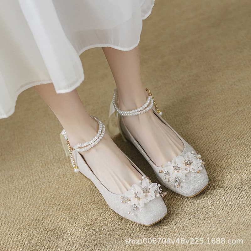 Mary Jane Wedding Shoes for Bride 2025 New Style, Two-Way Wear for Xiuhe and Wedding Dress, Chunky Heel High Heel, Stunning Engagement Bridesmaid Shoes