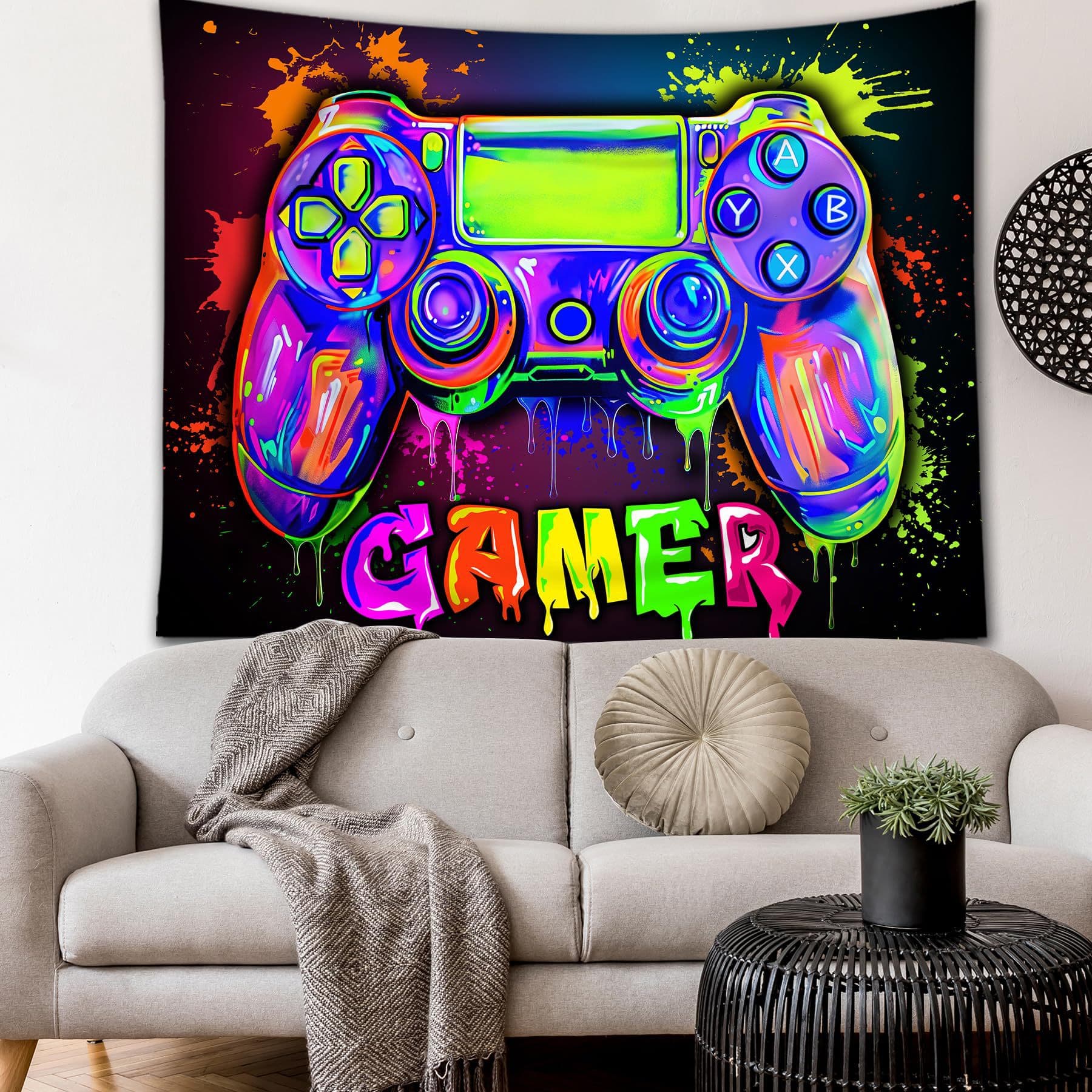Neon Game Boy Fabric Wall Hanging Tapestry for Kids Video Game Player Game Controller Fun