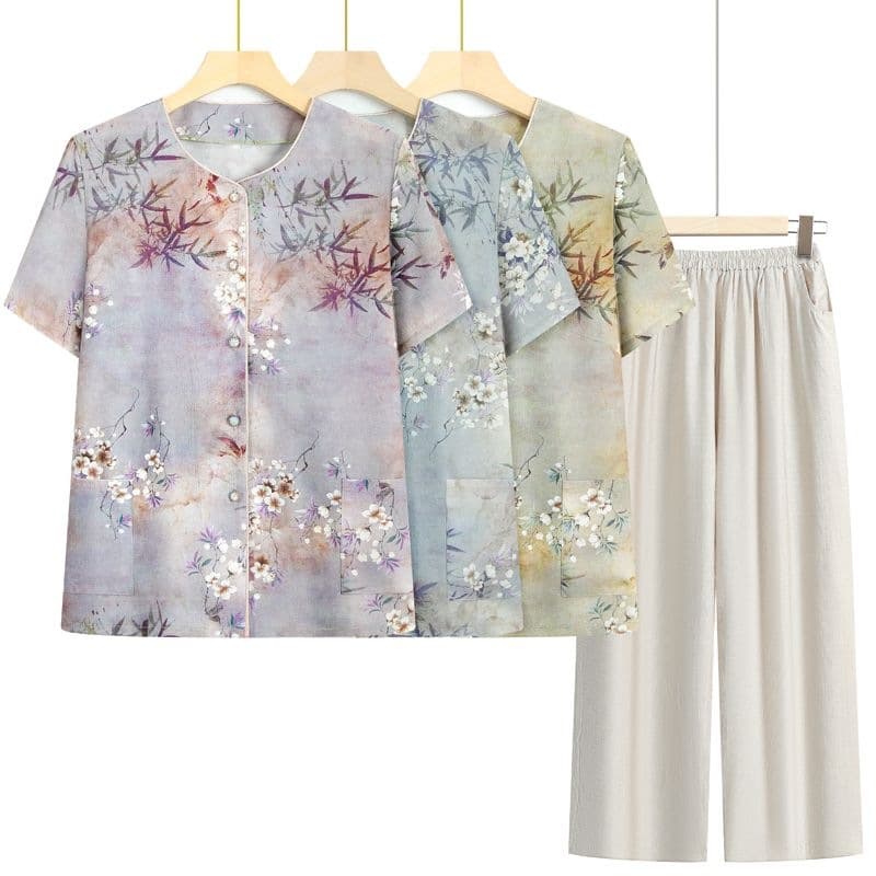 2026 Summer Ice Silk Blouse for Middle-aged and Elderly Women, Short Sleeve Two-Piece Set, Lightweight Shirt for Mothers