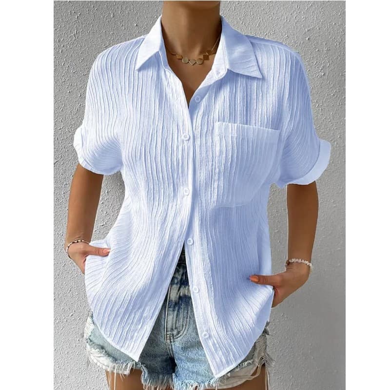 Cardigan 2023 Patch Pocket Short Sleeve Solid Casual Turn-down Collar Raglan Sleeve Shirt Short Sleeve Women