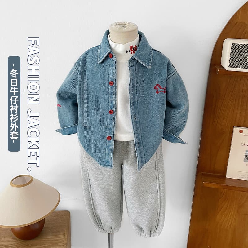 Xian'ao 2025 Winter New Children's Korean-Japanese Style Thick Lined Shirt Boys Embroidered Horse Denim Shirt