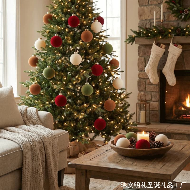Amazon Cross-Border Exclusive Flocked Christmas Ball 12pcs Set 6/8cm Plastic Ball Christmas Decoration