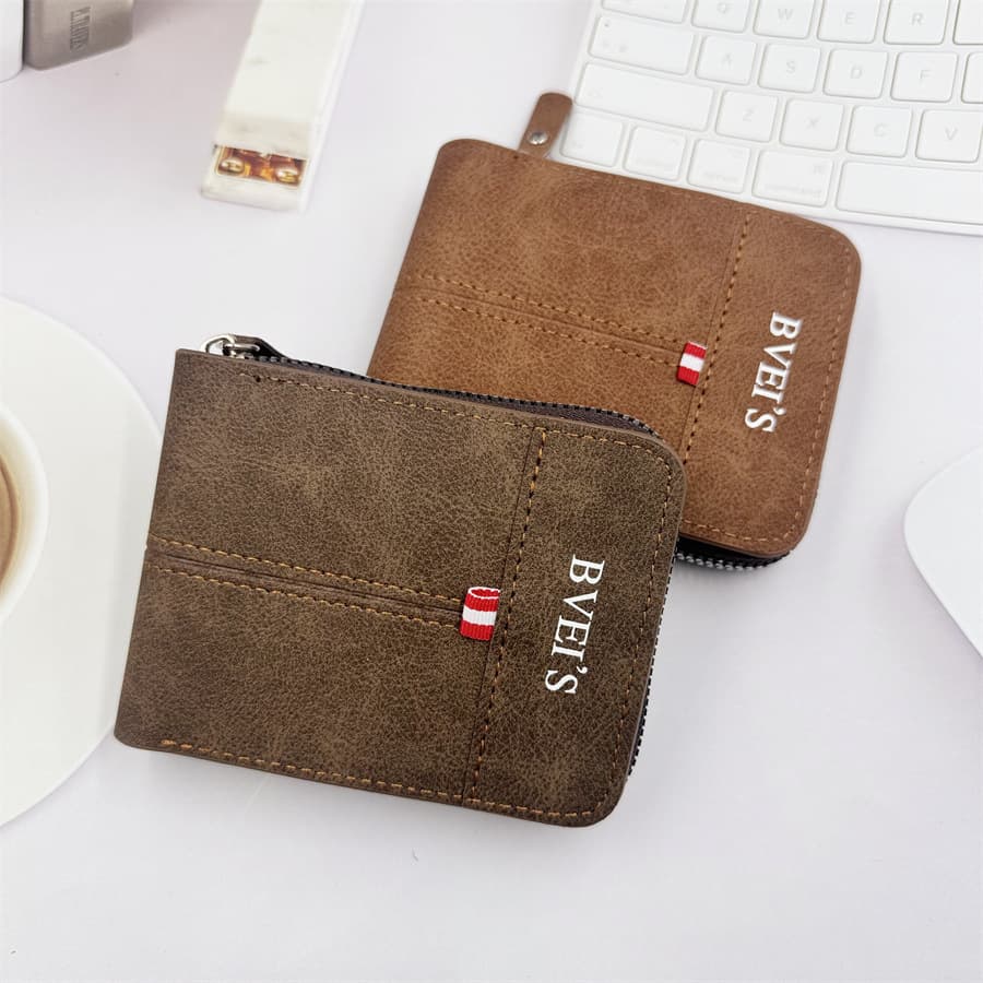 2024 New PU Cross-border Men's Wallet Short Horizontal Zipper Two-fold Coin Purse Vintage Casual Square Bag