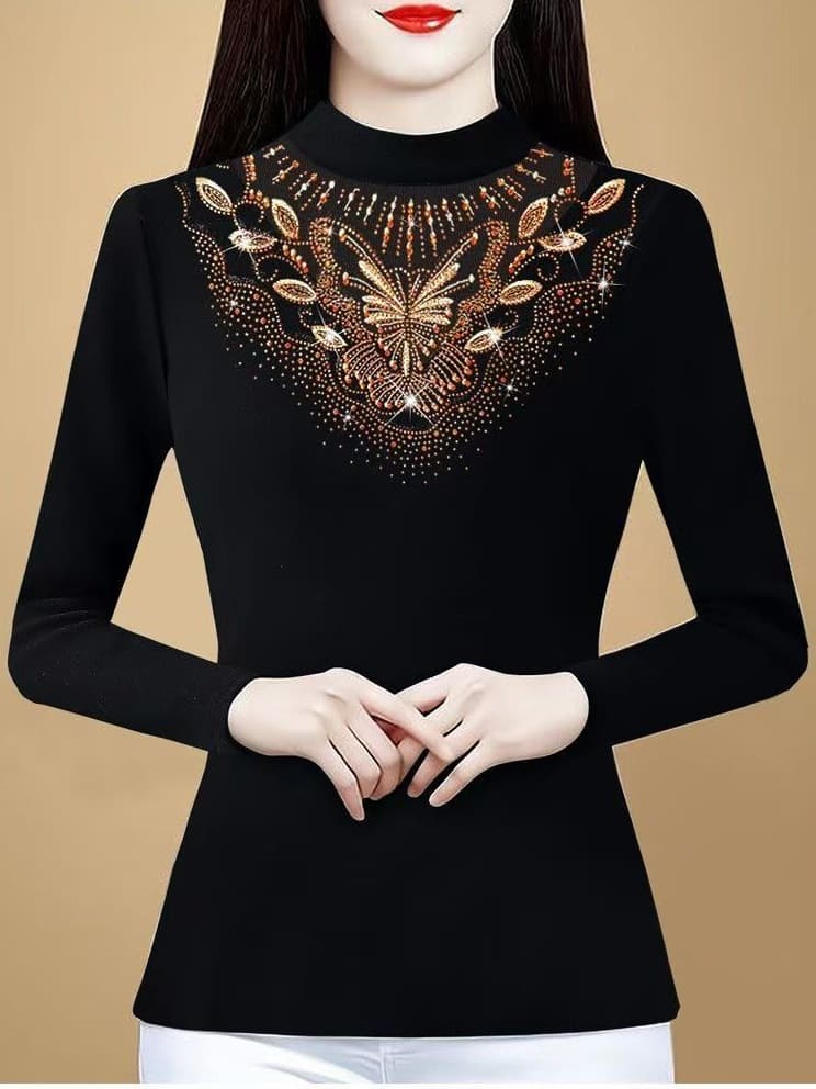 Autumn/Winter New Style Fashion Embroidered Mesh Lace Hollow-Out Long Sleeve Heavy Work Rhinestone Stylish Youthful Belly-Covering Warm Top Women