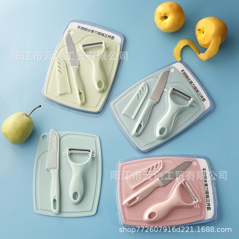 Three-Piece Peeling Knife Set, Stainless Steel Cutting Board, Fruit Knife, Peeler, Potato and Apple Peeler with Printed Design