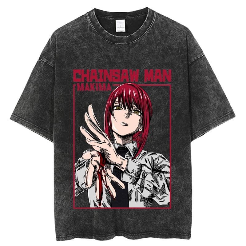 Chainsaw Man Shirt Cotton Vintage Washed Anime Pure Cotton T-Shirt American Street Style Oversized Men's Top Harajuku Style