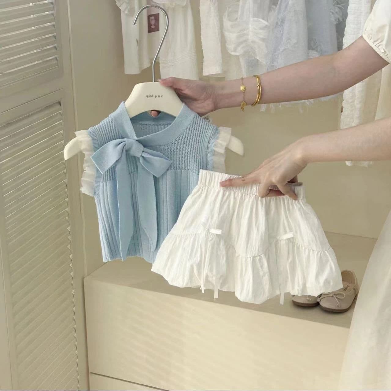 Korean style girls 2026 summer new light blue splicing lace vest baby girl bow top flower bud skirt