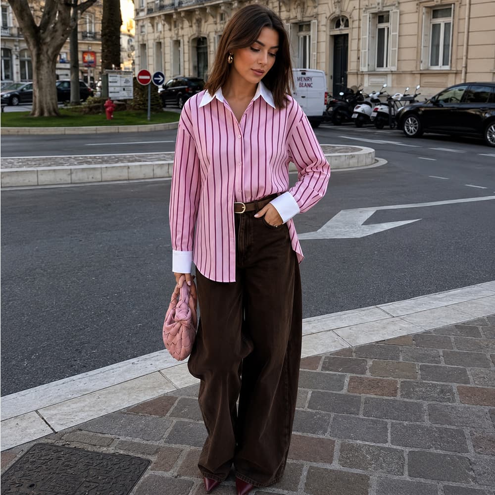 European and American Style Women's Striped Long Sleeve Shirt with Contrast Pink Buttons, Casual Fashion Top for Spring and Autumn