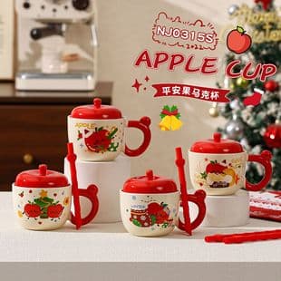 Creative Apple Ceramic Cup Mug with Lid Coffee Cup Souvenir Cup Christmas Gift Water Cup Printed