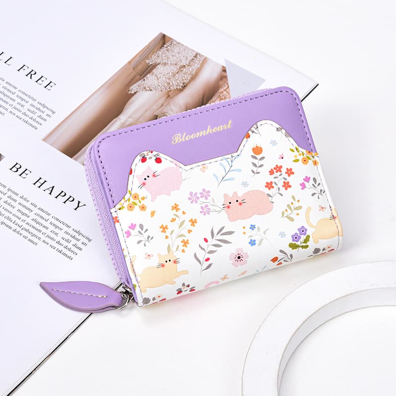 2026 New Cat Floral Print Women's Wallet, Multi-Card Slot Large Capacity Zip Coin Purse for Students