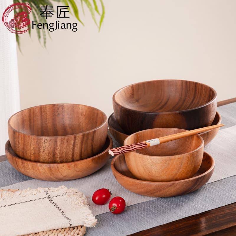 Walnut Wood Bowl, Large Instant Noodle Bowl, Soup Bowl, Household Wooden Anti-Scald Children's Salad Rice Bowl, Acacia Fruit Plate