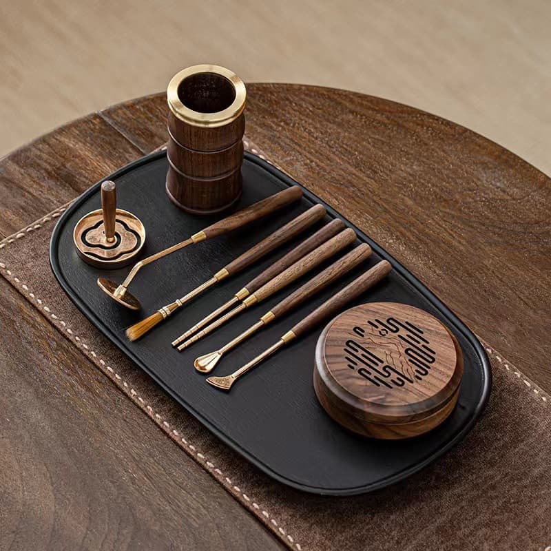 Alloy Incense Seal Press and Stamp Seven-Piece Set with Portable Case, Brush, Chopsticks, Spoon, and Mold