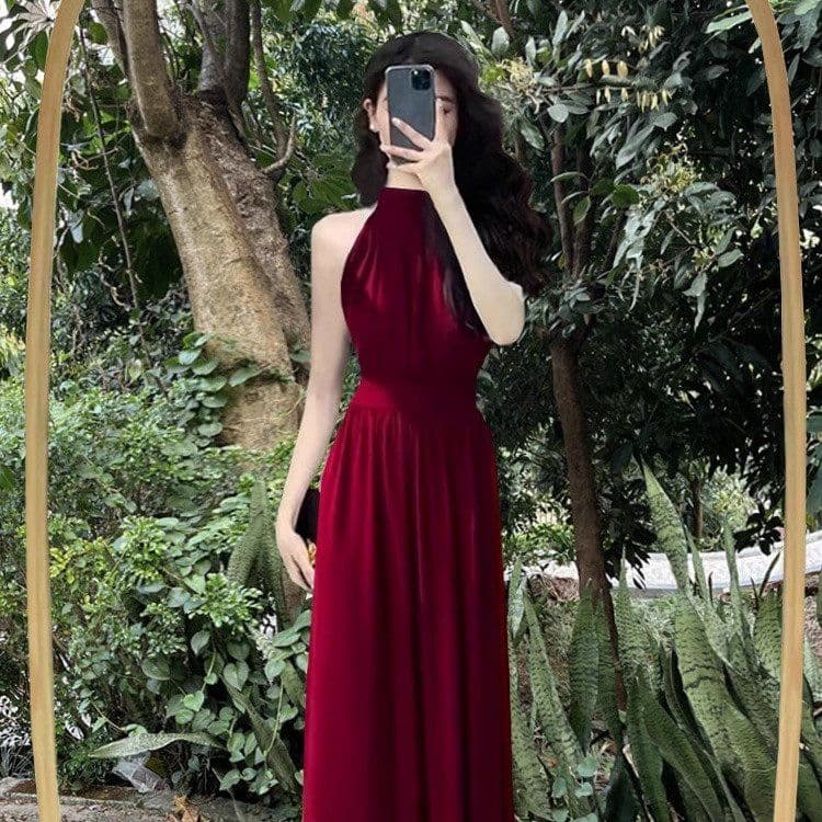 Black Halter Neck Sleeveless Dress for Women 2025 Summer New French Style Slit High Waist Long Dress
