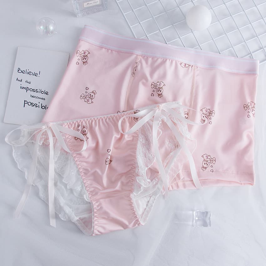 Men's Pink Couple Underwear Rabbit Cute Boyfriend Four-Corner Lace Cartoon Couple Suit Women's Pink