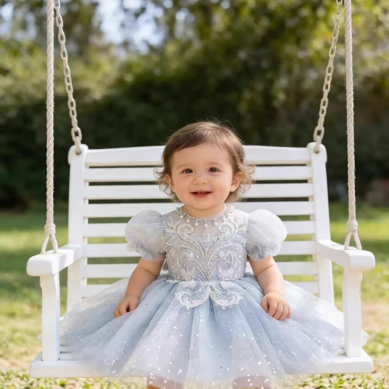 Girls blue one-year-old dress 2026 new birthday princess dress flower girl tutu skirt grasping week banquet performance dress