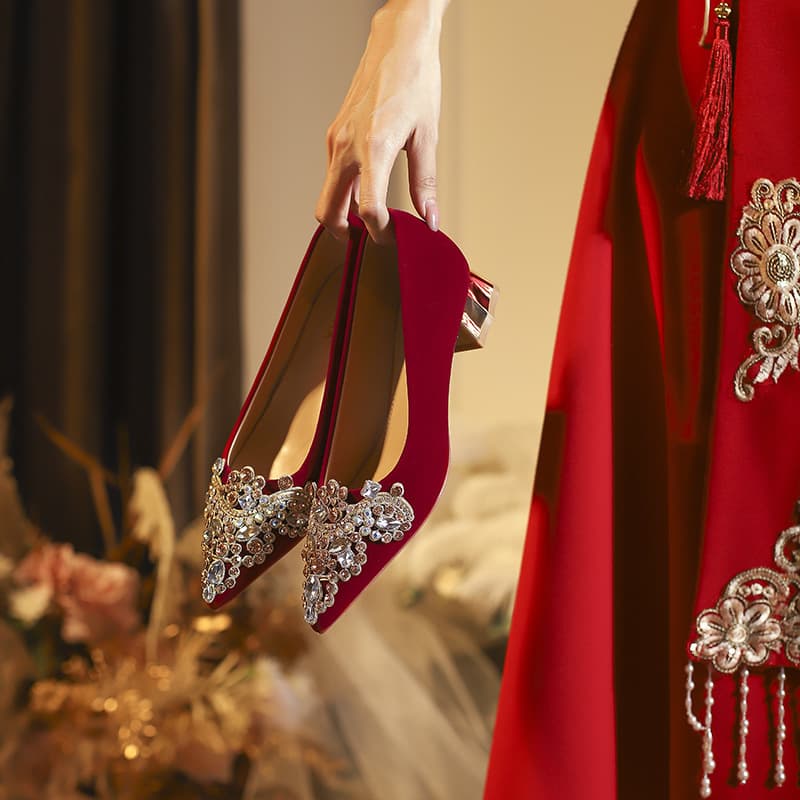 3118-66 Red Velvet Chunky Heel Pointed Toe Chinese Xiuhe Wedding Shoes for Bride, Comfortable Wedding Toasting Shoes