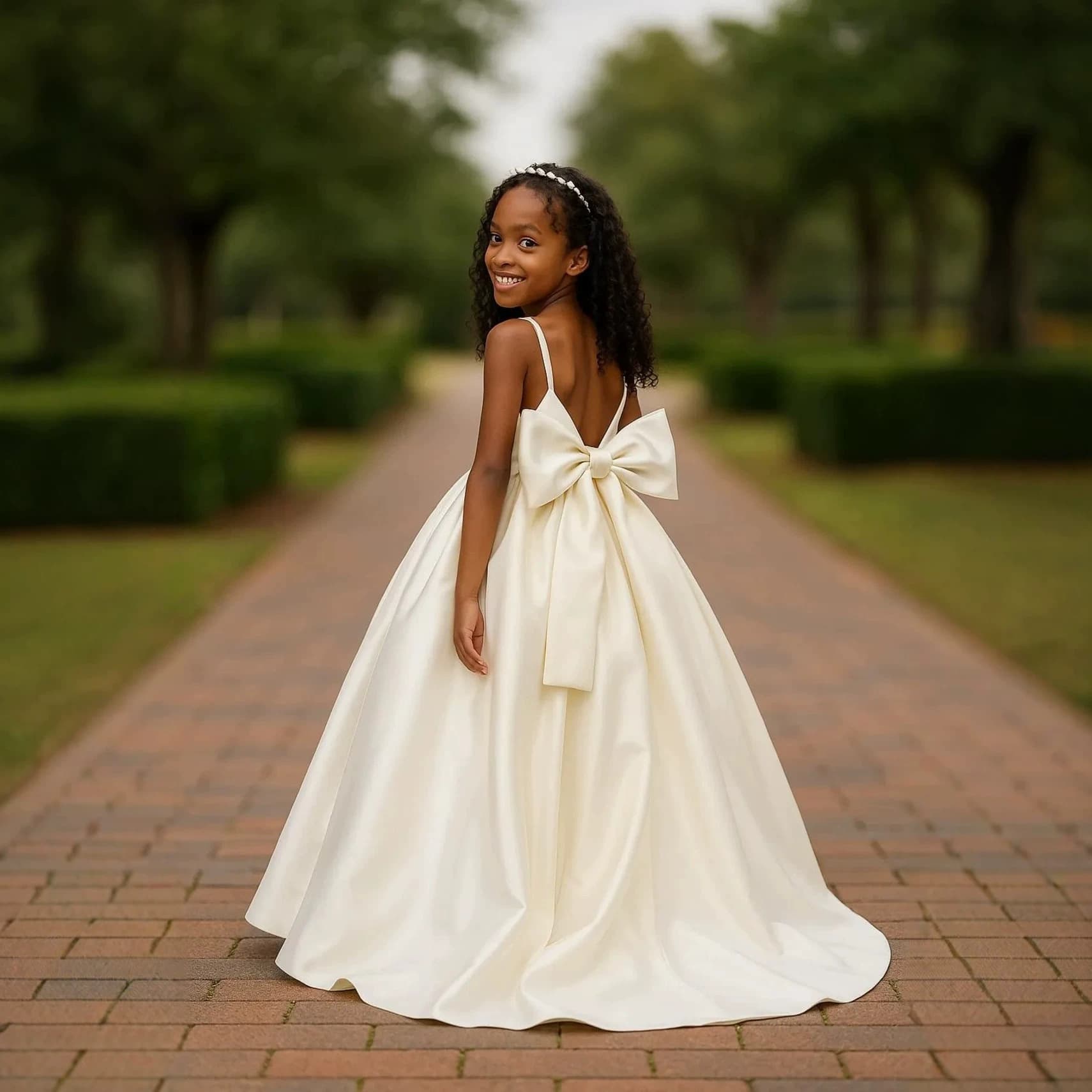 Cross-border Girls Bowknot Summer New Dress Children's Catwalk Satin Princess Gown Premium