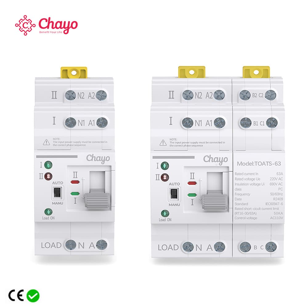 ATS Dual Power Millisecond Uninterrupted Automatic Transfer Switch 2P 4P Mains Dual Circuit Changeover Rail-Mounted Chayo