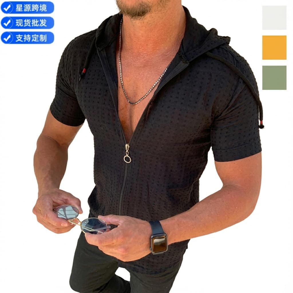 Fashionable Men's Short Sleeve Zipper Hoodie T-shirt Polyester Fiber Loose Fit Youth Casual Spring Summer Autumn Winter