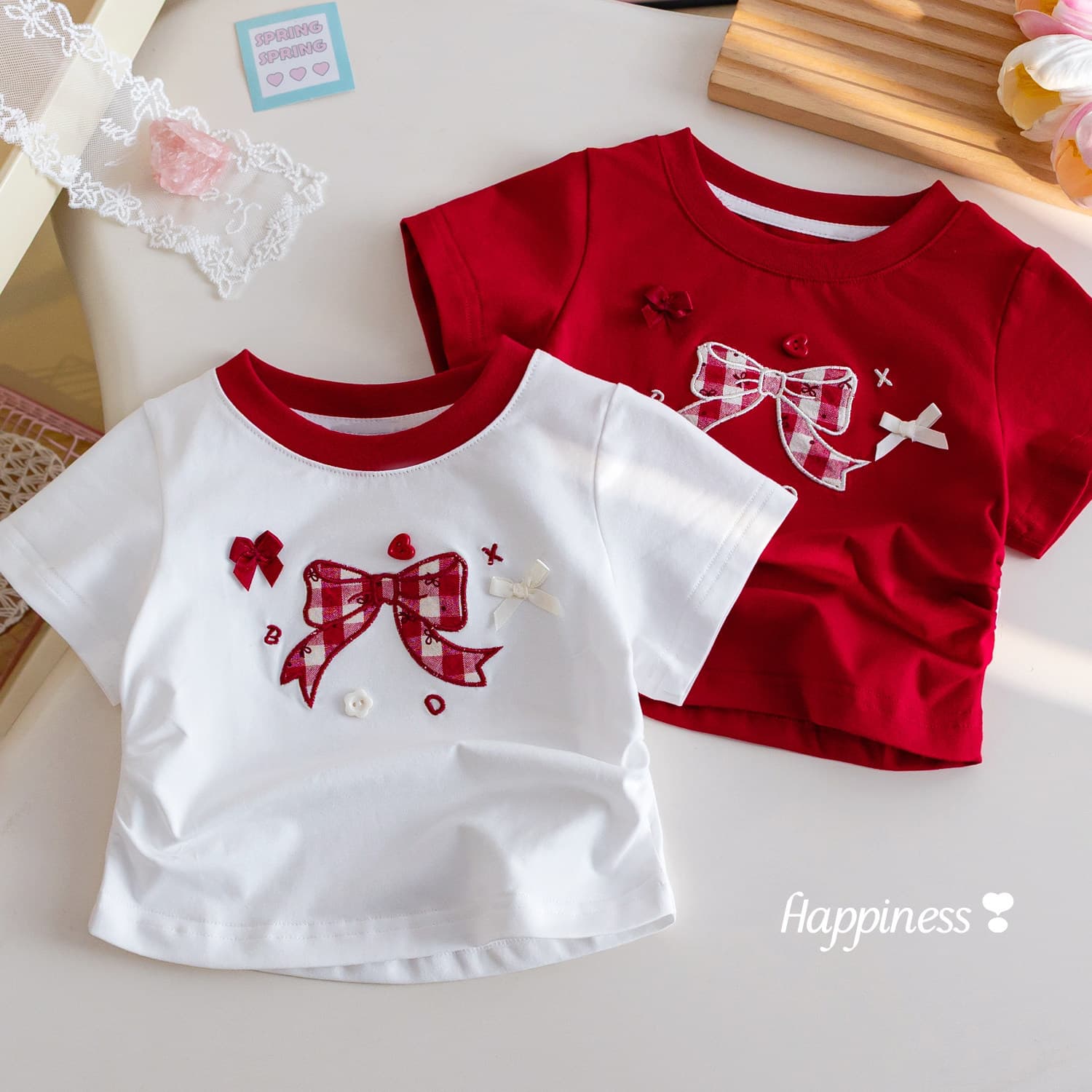 Girls Summer Top Korean Style Plaid Bow Embroidery Fashion Short Sleeve T-Shirt Trendy Versatile Summer Clothes