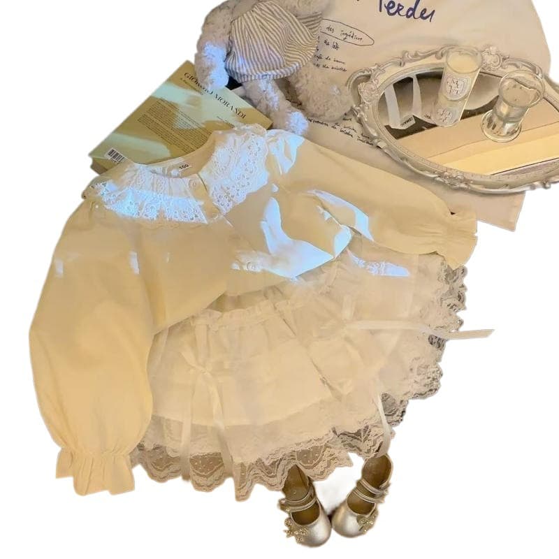 Girls' Stylish Cute Solid Color Bow Lace Trim Skirt Spring New White Cake Skirt