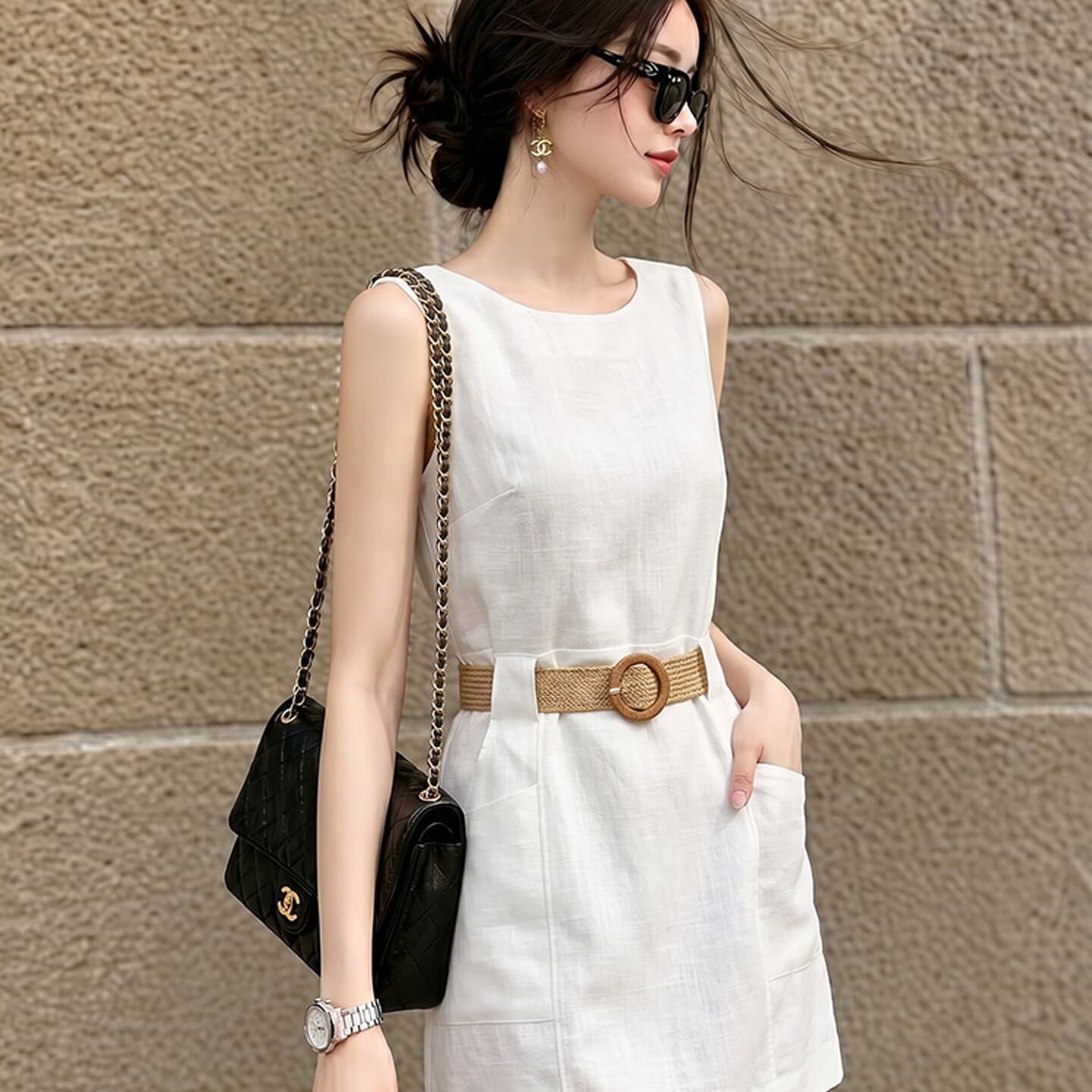 F260473 new summer high-end French petty bourgeoisie old money style slim sleeveless waist white dress