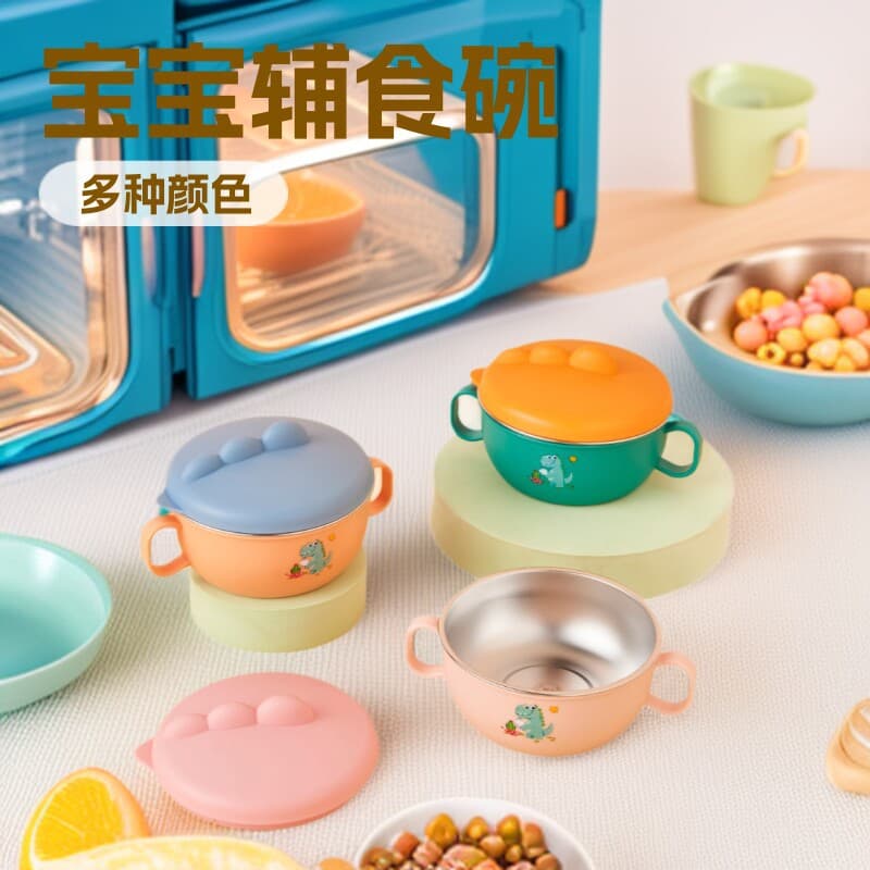 Food grade anti-fall and anti-scald binaural feeding bowl 316 stainless steel soup bowl special bowl for children to eat baby tableware