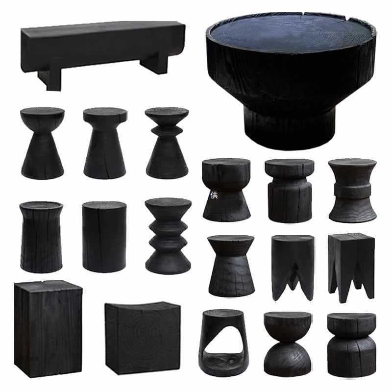Solid Wood Stool Charred Black Wabi-Sabi Log Stool Homestay Corner Table Decor Log Root Low Stool Shoe Changing Stool