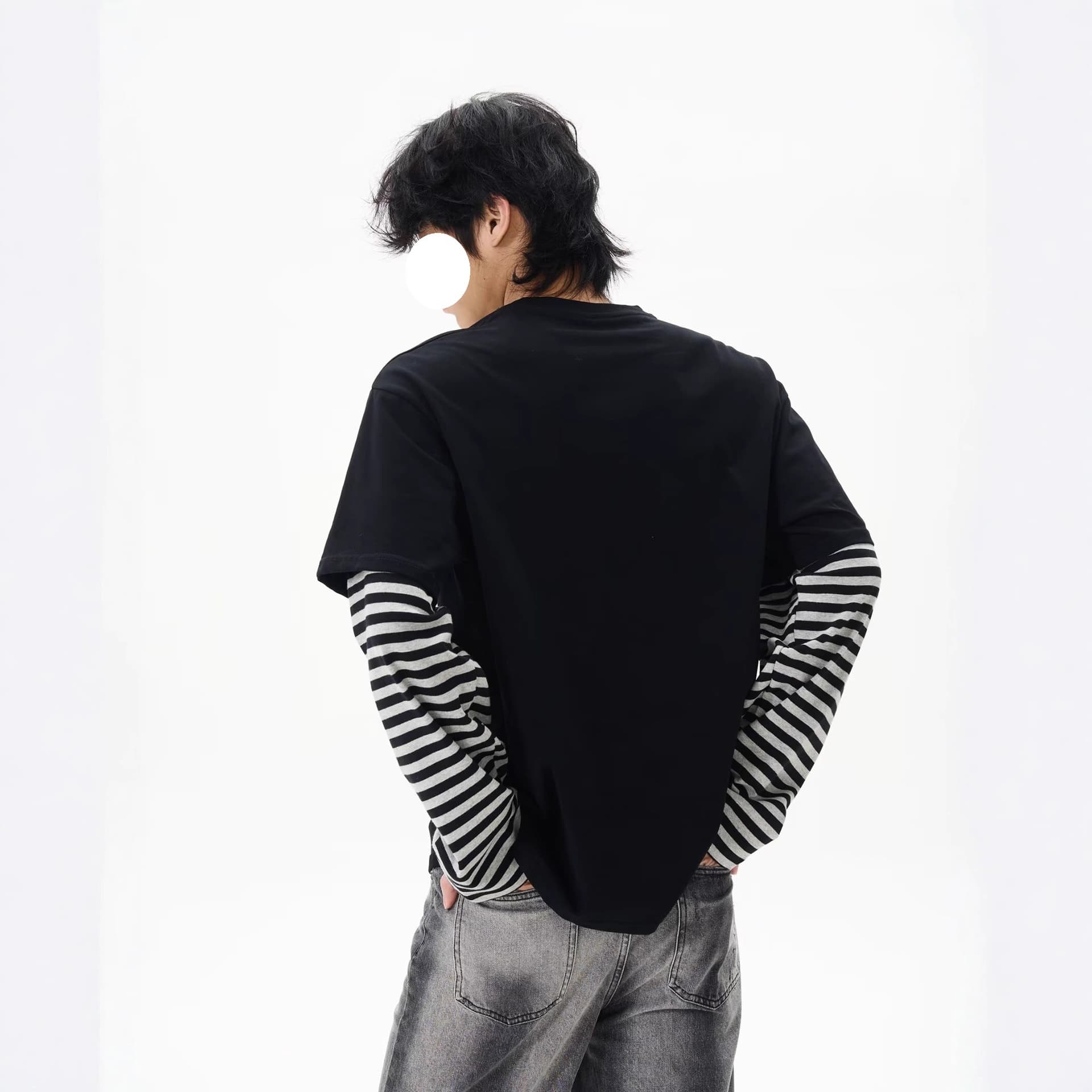 Men's Streetwear Autumn Striped Patchwork Loose Top Hip-Hop Rock Portrait Print Faux Two-Layer Long-Sleeve T-Shirt