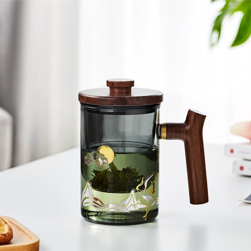Home Minimalist Borosilicate Glass Tea Cup with Wooden Side Handle and Lid, Premium Office Gift Tea Set