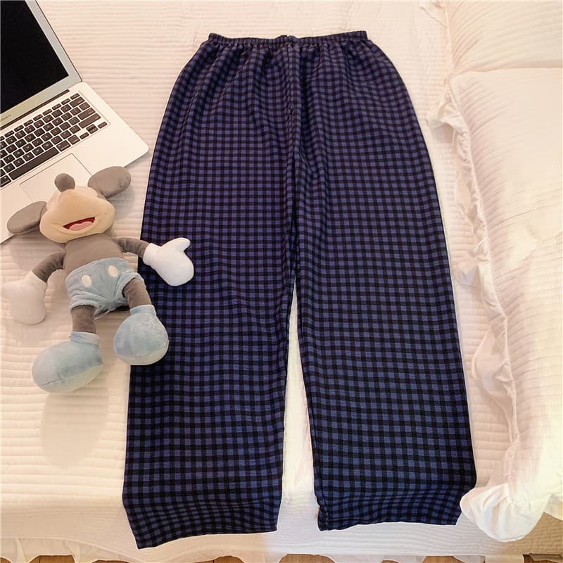 Korean-Style Versatile Dark Blue Plaid Outdoor Bubble Cotton Pajama Pants Summer Long Pants Casual Home Pants Outdoor Mosquito-Proof Pants