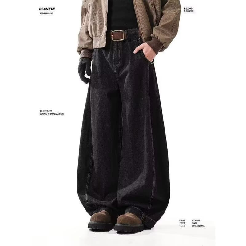 American Retro Black Curved Blade Silhouette Jeans for Men, Streetwear Casual Loose Baggy Wide-Leg Straight Sickle Pants