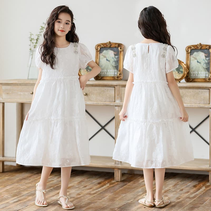 Girls Summer Dress 2024 New Jacquard Texture Sweet Princess Dress for Older Children