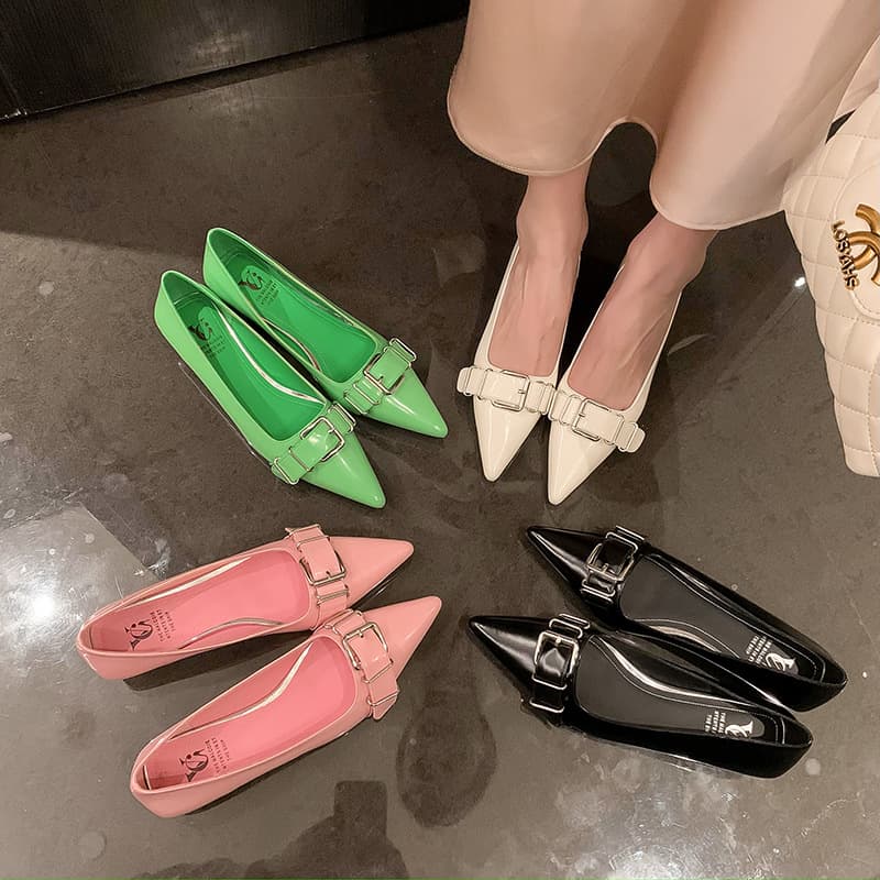 Fashionable Fluorescent Green Kitten Heel Shallow Mouth Shoes, Trendy Belt Buckle Pointed Toe Low Heel Women's Shoes Spring New Arrival