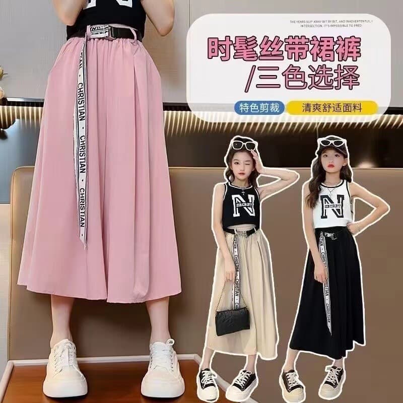 Girls' pants summer thin 2024 new style medium and large children's three-quarter skirt pants children's loose and fashionable wide-leg pants