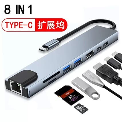 Cross-Border Eight-In-One Type-C Docking Station with Network Port, HDMI Card Reader, Multi-Function Hub for Mobile Phones and Computers