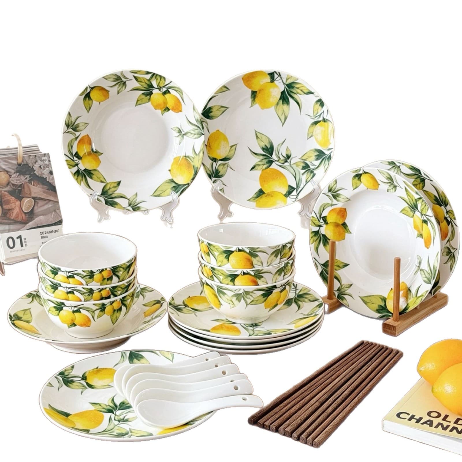 Trendy Ins-style Lemon Ceramic Dinnerware Set for Home, Fresh, Heat-resistant, Easy to Clean, Includes Bowls, Plates, Spoons, and Chopsticks