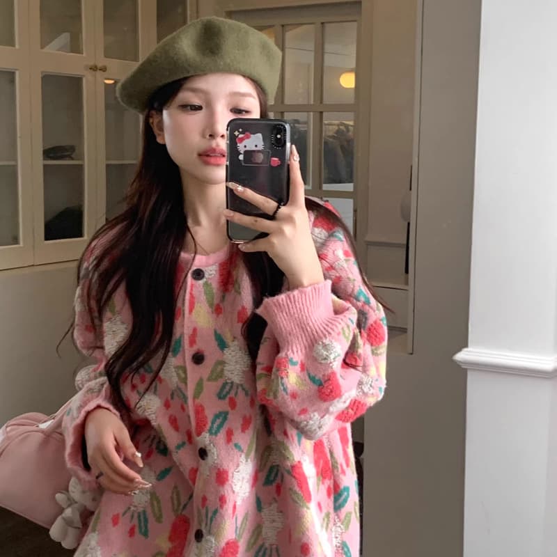 Plus Size Women's Elegant Lazy Style Sweater, Autumn New Arrival, Large Size Sweet Floral Pink Knit Cardigan
