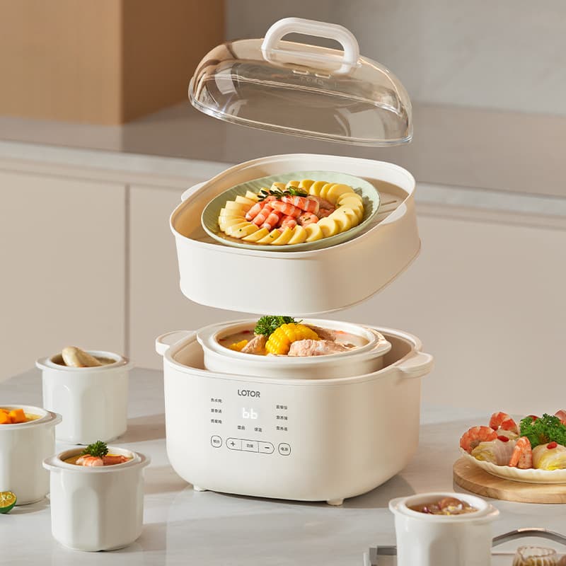 LOTOR Compact Electric Stew Pot for Baby Congee, Double Boiler with Timer for Infant Food Preparation