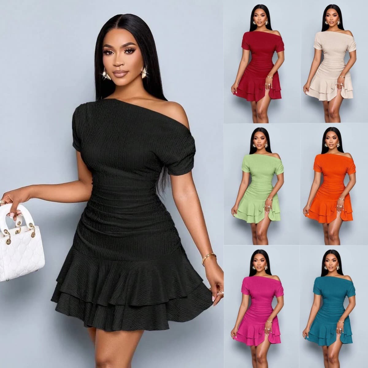 Cross-border foreign trade new dress Amazon summer hot-selling women's solid color sloped shoulder slim ruffle dress