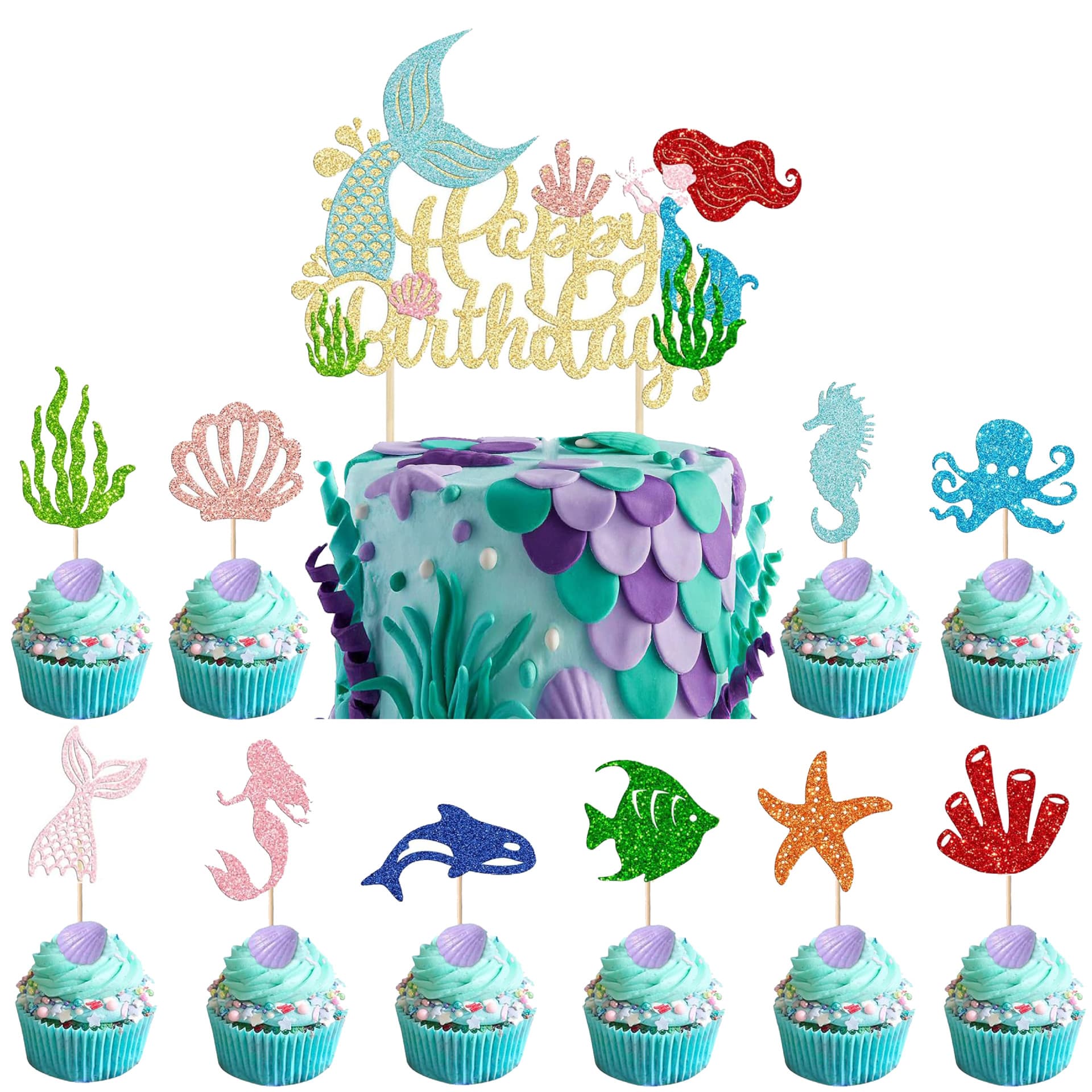 Mermaid Cake Card Hippocampus Starfish Coral Baby Shower Underwater Theme Birthday Party Cake Plug-in