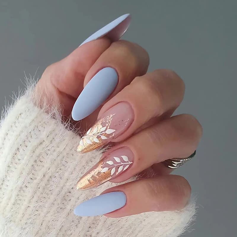 Custom Press On Nails with Gold Foil White Leaf Design, Blue Matte Finish