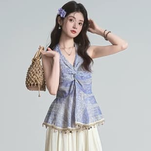 Summer Sexy Mature Style Halter Backless Tie-Up Fringe Twist Top Women Contrast Twist Top Cross-Border Wholesale