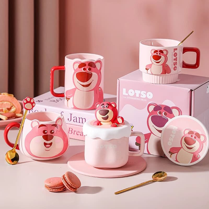 Strawberry Bear Ceramic Mug with Lid and Spoon, High Appearance Gift Box Set, Premium Pink Water Cup