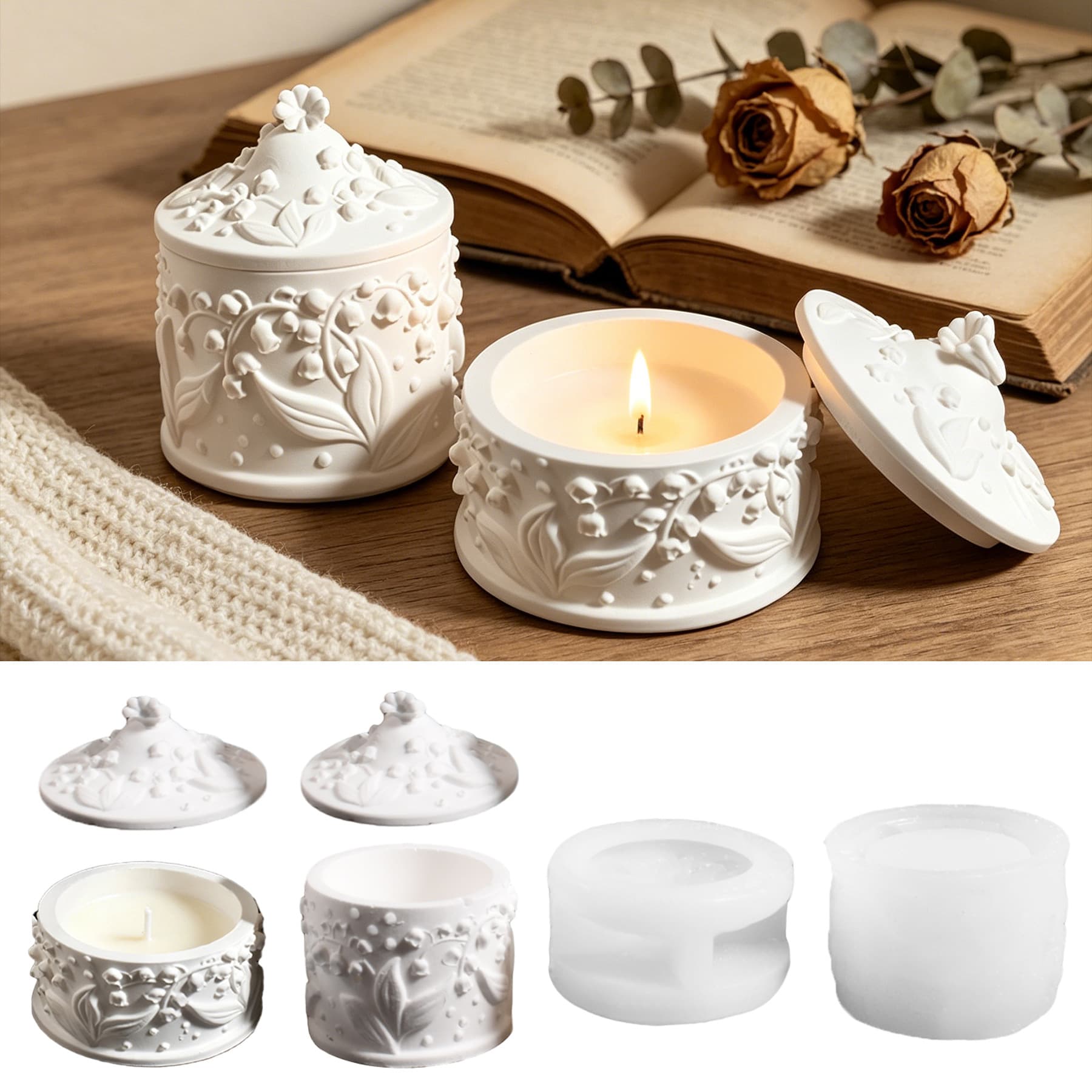 Factory Stock Wholesale Embossed Lily of the Valley Storage Box Silicone Mold, Resin DIY Roman Candle Cup Plaster Ornament